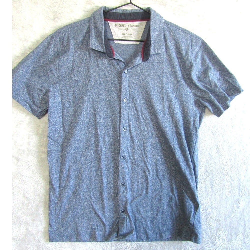 Michael Brandon Mens Short Sleeve‎ Button Up Shirt Blue Heathered Knit Medium
